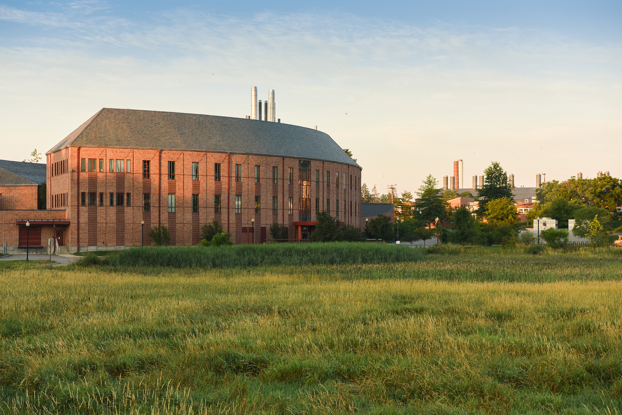 View of the ABL building (big banana) from the field at the bottom of horsebarn hill