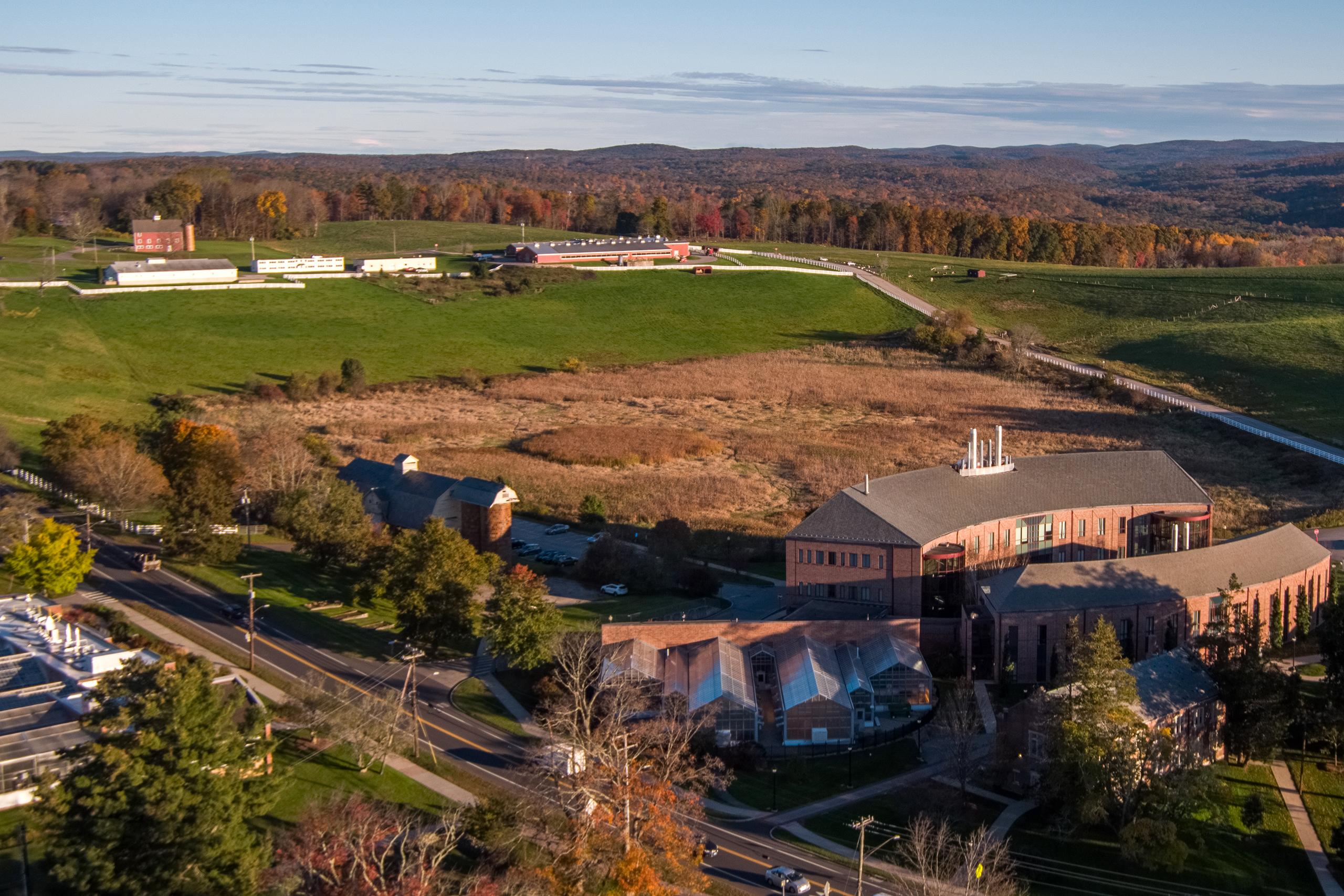 aerial view of ATL, ABL Grenhouses and the floriculture building